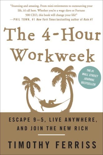 The 4-Hour Workweek by Timothy Ferriss – White and brown cover with a hammock and palm trees.
