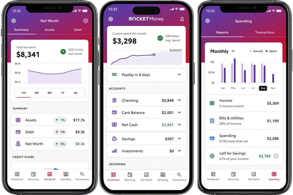 A trio of screen shots of Rocket Money app options