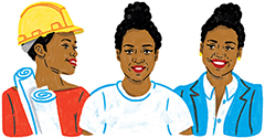 Illustration of three women, the leftmost one wearing a hardhat and rolled up papers