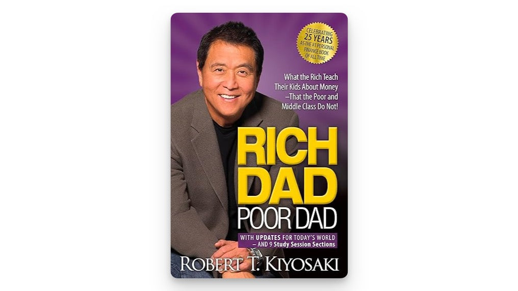 Rich Dad Poor Dad by Robert Kiyosaki – Purple cover with author photo and gold and white text.