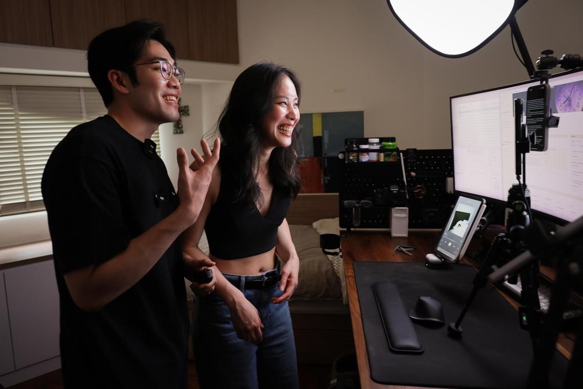 (From left) Profile of siblings Aaron Wee, 28, and Sara Wee, 31, both full-time content creators making videos about financial tips (@theweeblings0) on TikTok and IG, at their Siglap home on Sep 10, 2024.