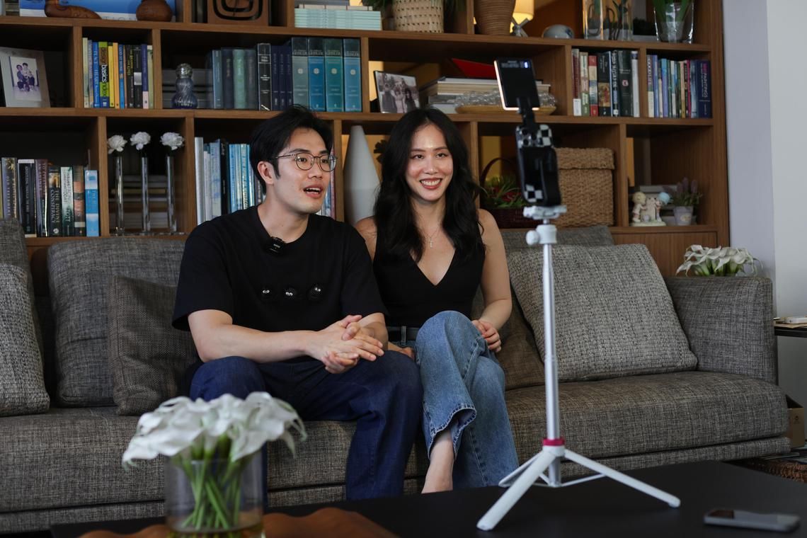 (From left) Profile of siblings Aaron Wee, 28, and Sara Wee, 31, both full-time content creators making videos about financial tips (@theweeblings0) on TikTok and IG, at their Siglap home on Sep 10, 2024.