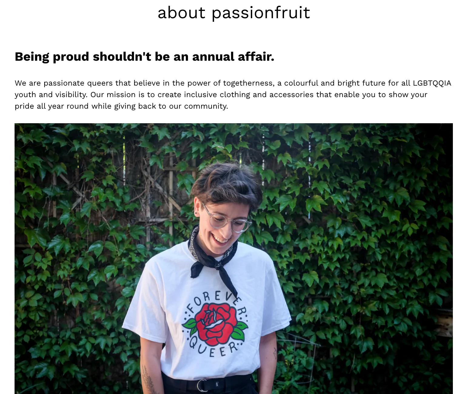 A mission statement example on apparel brand Passionfruit’s website.