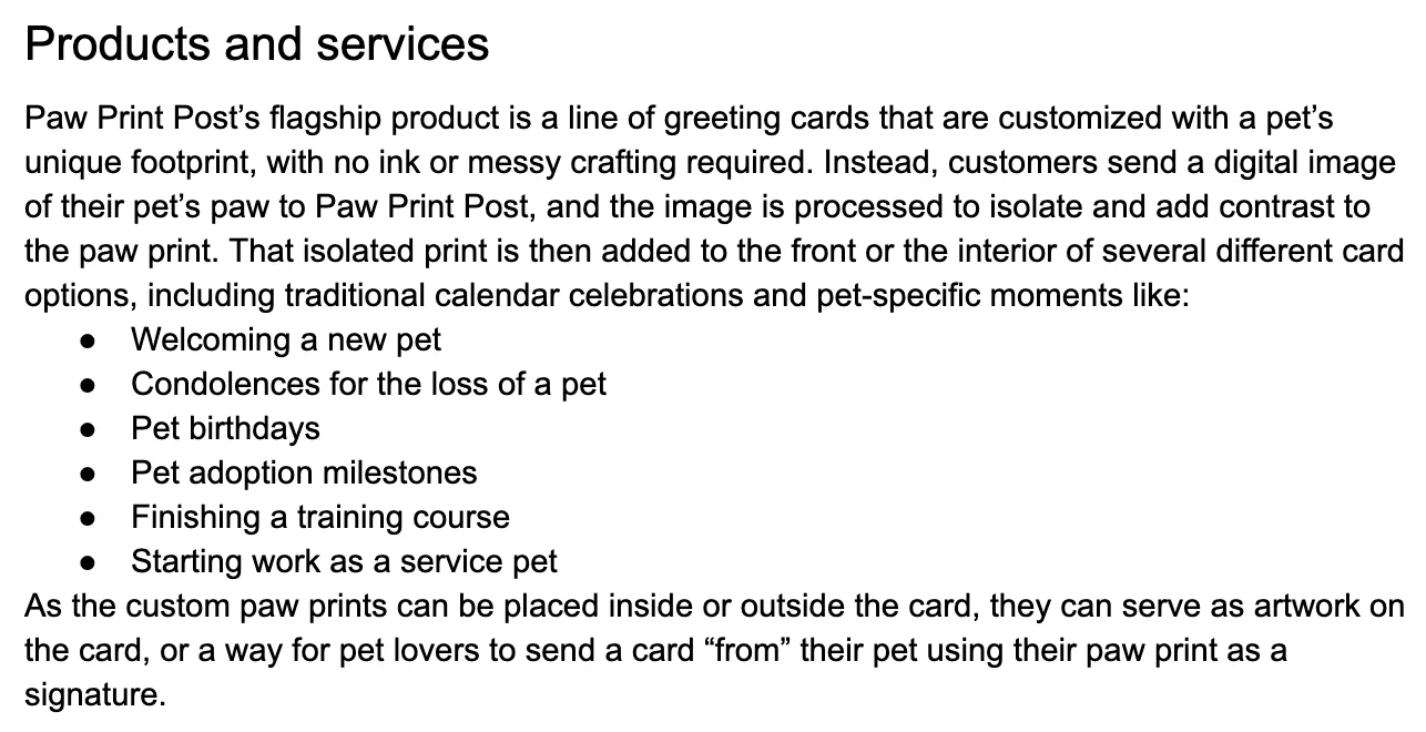 An example of a business plan’s products and services section.