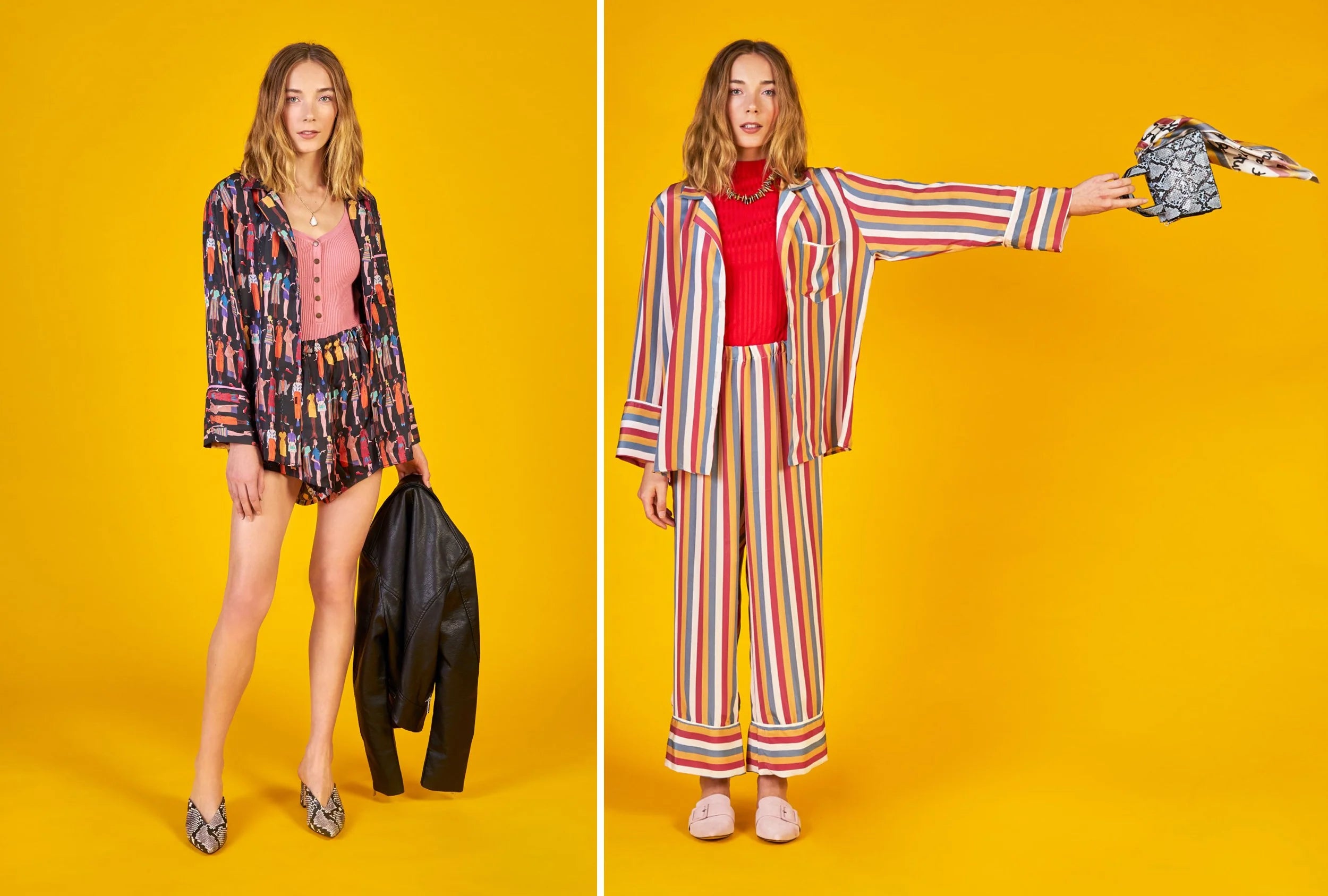 A side by side panel of the same model wearing two different looks in Sarah's clothing brand